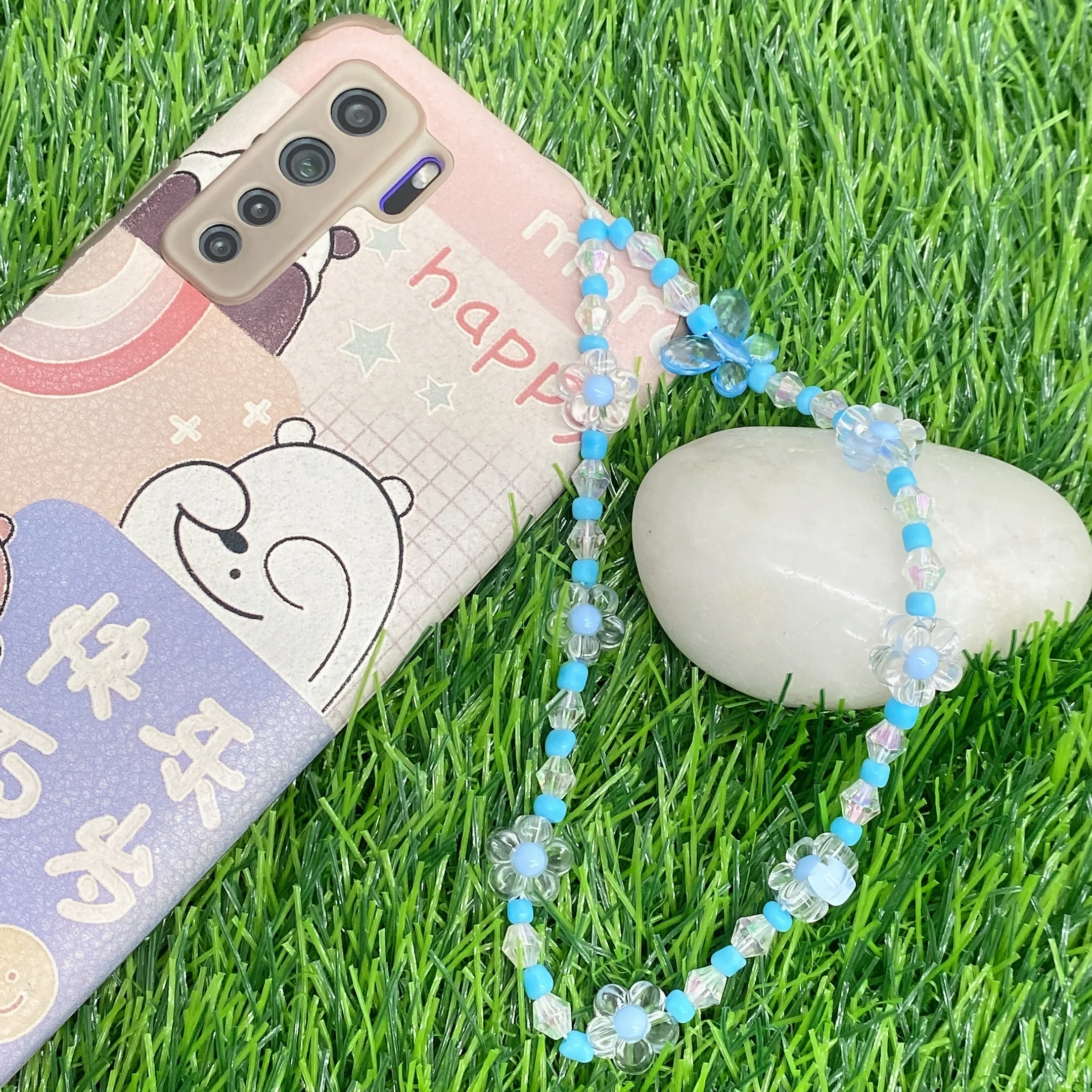 2022 NEW Custom Summer BOHO Trendy Blue Crystal Beaded Phone Lanyard Phone Charm Strap