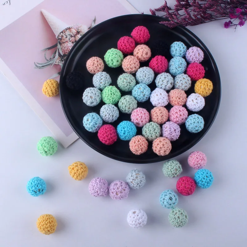 16mm Wooden Cotton Thread Crochet Wool Ball Diy Accessories Beads Baby Teether Kids Baby Safe Teething Beads