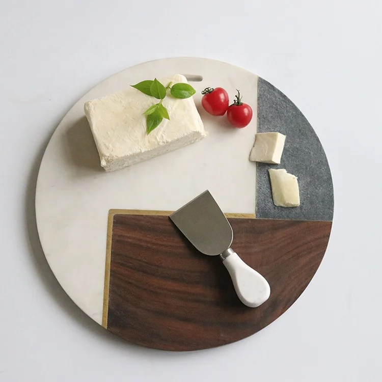 12 Inches Eco-friendly Round Shape Marble And Wood Splicing Cutting Board and Knife Set with brass