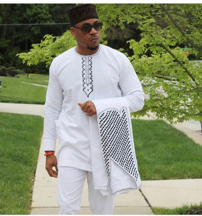  Африканский мужской костюм H & D Agbada в африканском стиле комплект из 3 предметов синяя вышивка с широкими