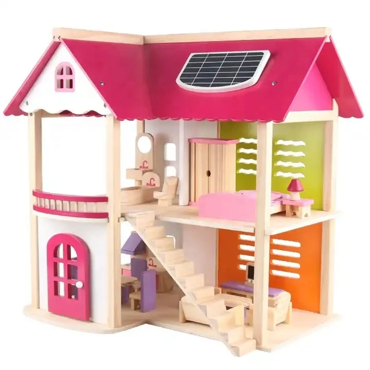 Wooden Houses Pretend Toy Wooden Doll House Kids Wooden Doll Villa with Doll Room Furniture dollhouse