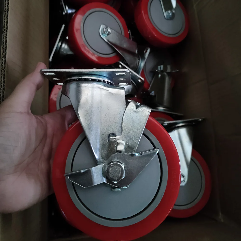 With cover Red 3/4/5 inch PU wheel castors  replacements swivel top plate threaded stem caster wheels for trolley