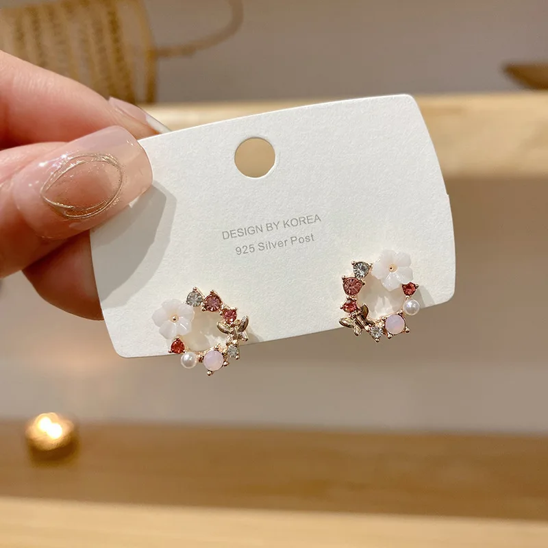 Korean Sweet Colorful Painted Oil Flower Back for Women Crystal Stud Earring Women Romantic Piercing Jewelry