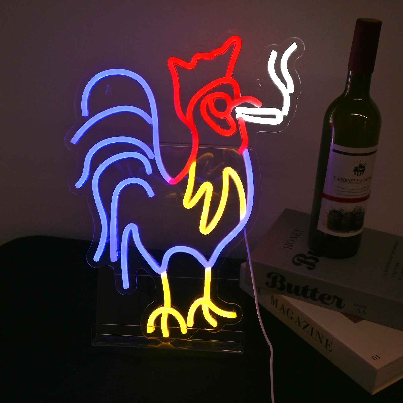 Customized Pre College Animal Neon Lights Red and Blue Rooster Logos.customized Neon Lights for Wall Decoration with Neon Lights