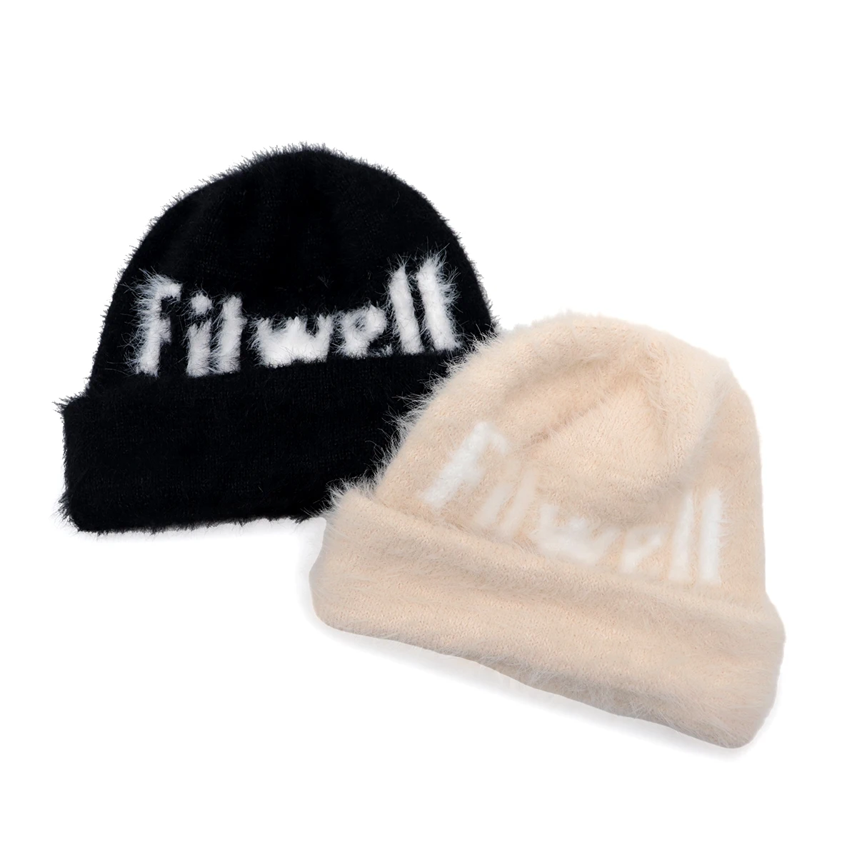 OEM Your Own Logo High Quality Fluffy Furry Fuzzy knit Rabbit Faux Fur Jacquard Custom Mohair Beanie Hats