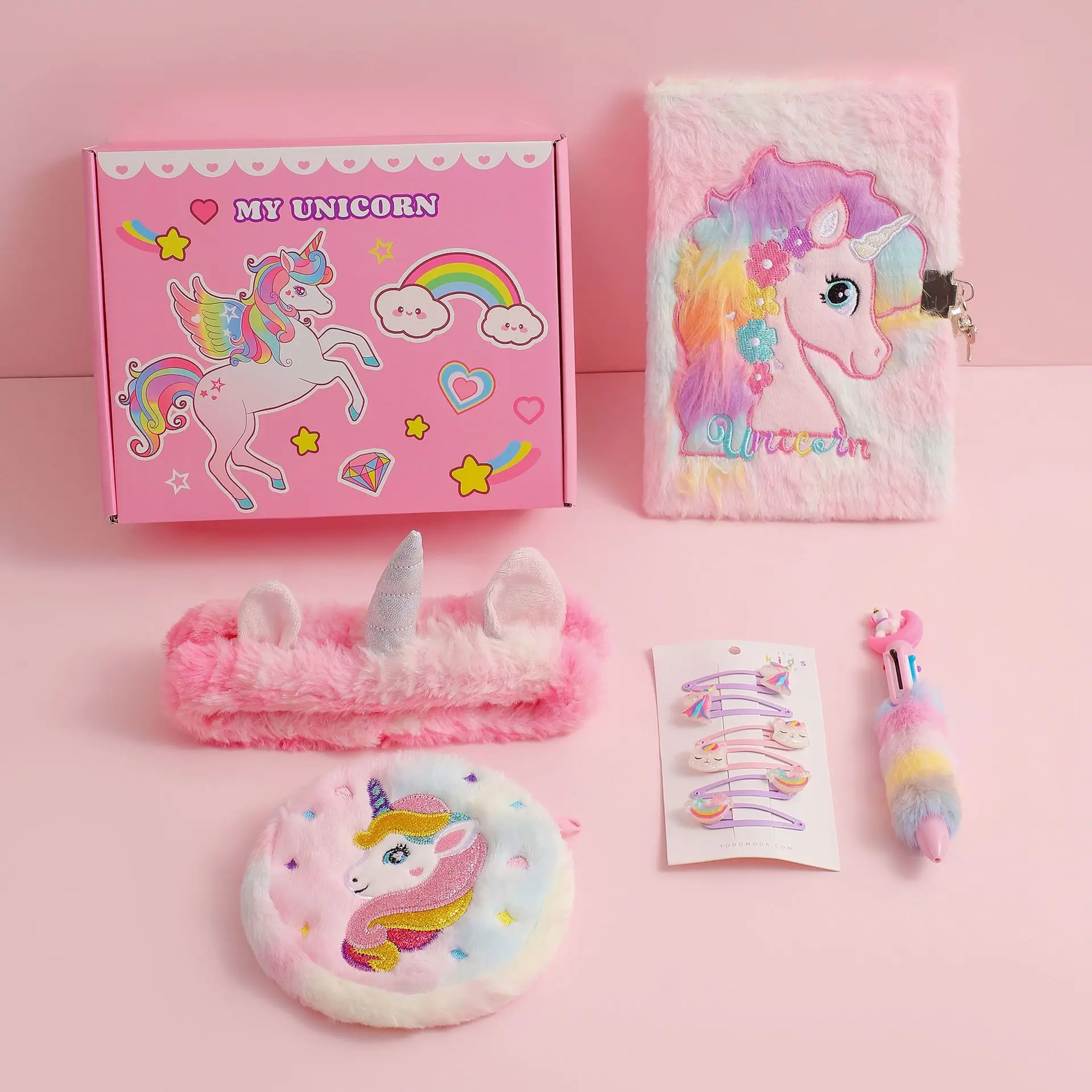 2024 New Products Unicorn Toys Headband/ Soft Plush Toys Set for Girls Birthday Gift Box with Lock and Keys Notebook