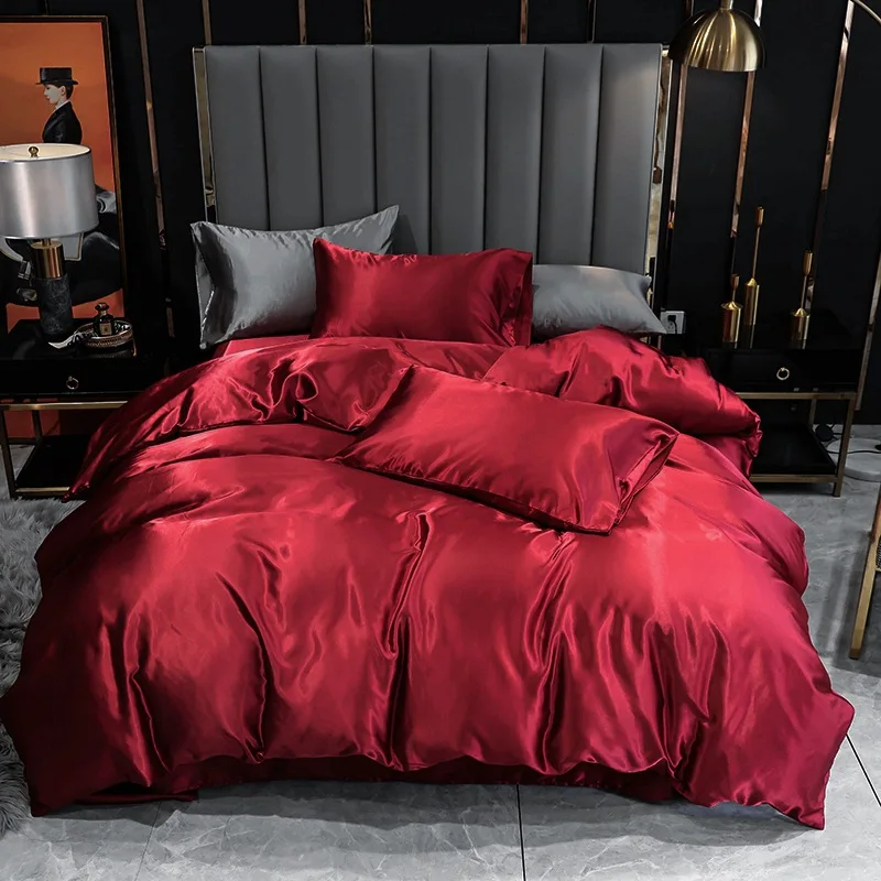 European Style Luxury home textiles Solid color Satin silk bedding quilt cover pillow case three pieces bed Sheet set wholesale