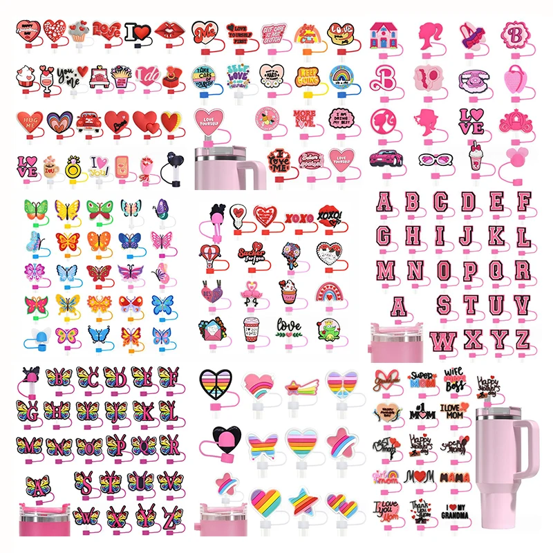 10mm Pink Silicone Custom Straw Topper Charms Cover For Tumbers Wholesale Cute Pvc Set Straw tips Topper