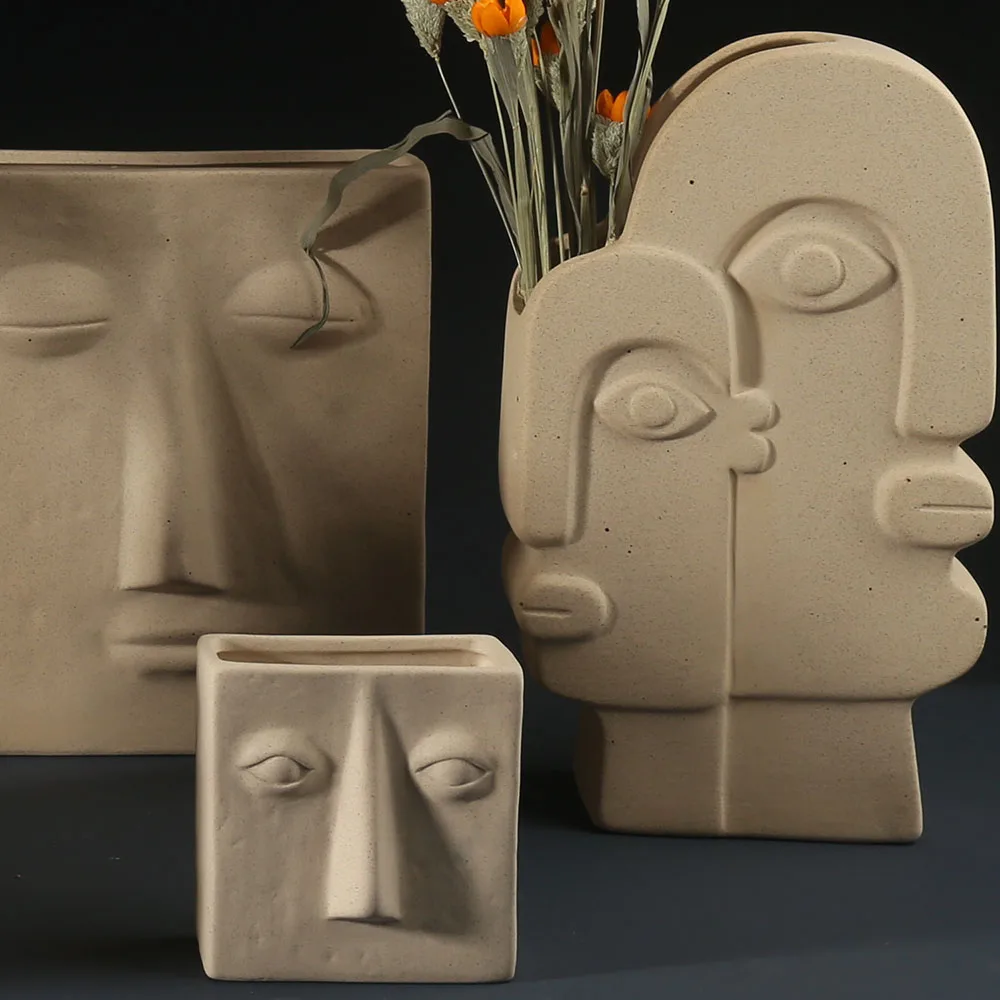 Modern Popular Fashion Antique Human Face Ceramic Stoneware Flower Vase