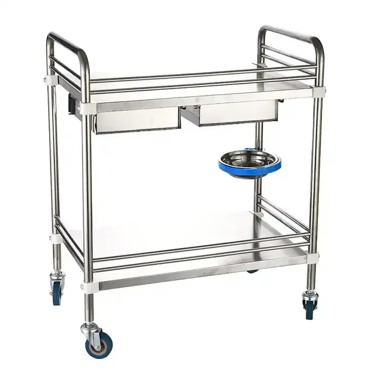 High Quality Mobile Hospital Medical 304 Stainless Steel Nursing Treatment Trolley Cart With 2 Drawers