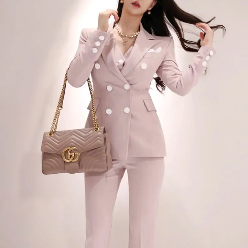 
2019 pink Suit plaid Blazer Trouser Sets formal office women jacket Pants Uniform Workwear Two piece Suit Women Business Suit 
