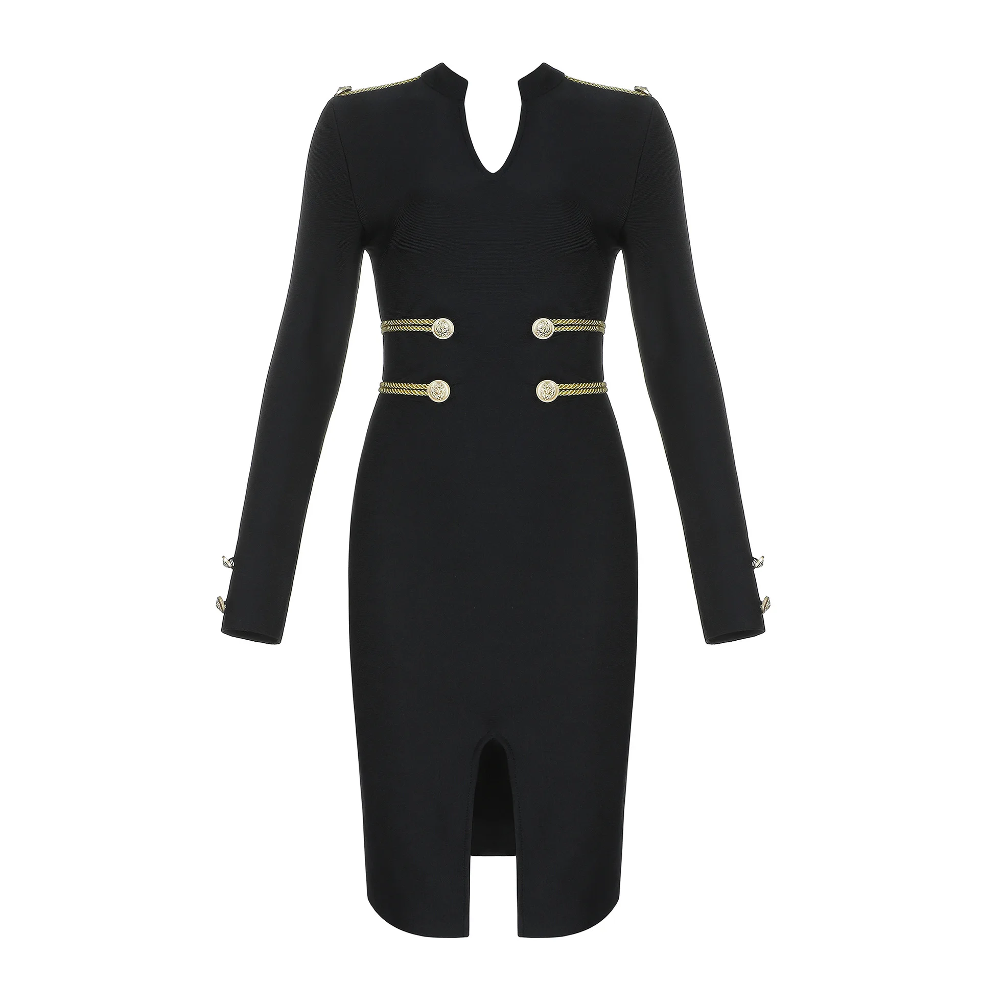Long Sleeve Graceful Black Autumn Causal Bodycon Women Dress Simple V-neck Split Button Bandage Dress