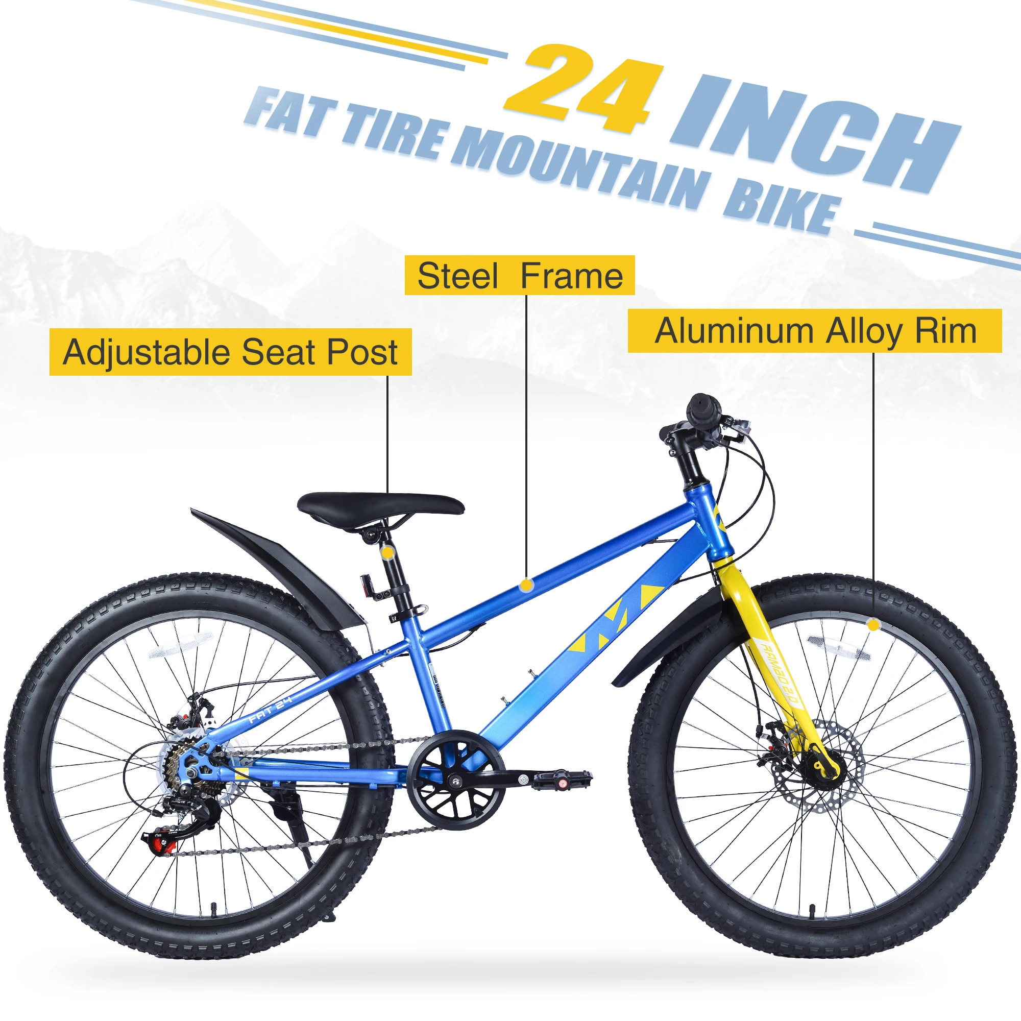 ZUKKA 24 inch Custom Fat Tire MTB Builds For Snow And Sand With Steel Frame And Disc Brake Blue Color
