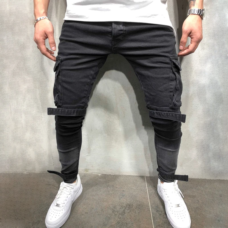 Amazon hot selling mens clothing black gradient stretchy denim pant 6 big pockets cotton spandex skinny casual cargo jeans men