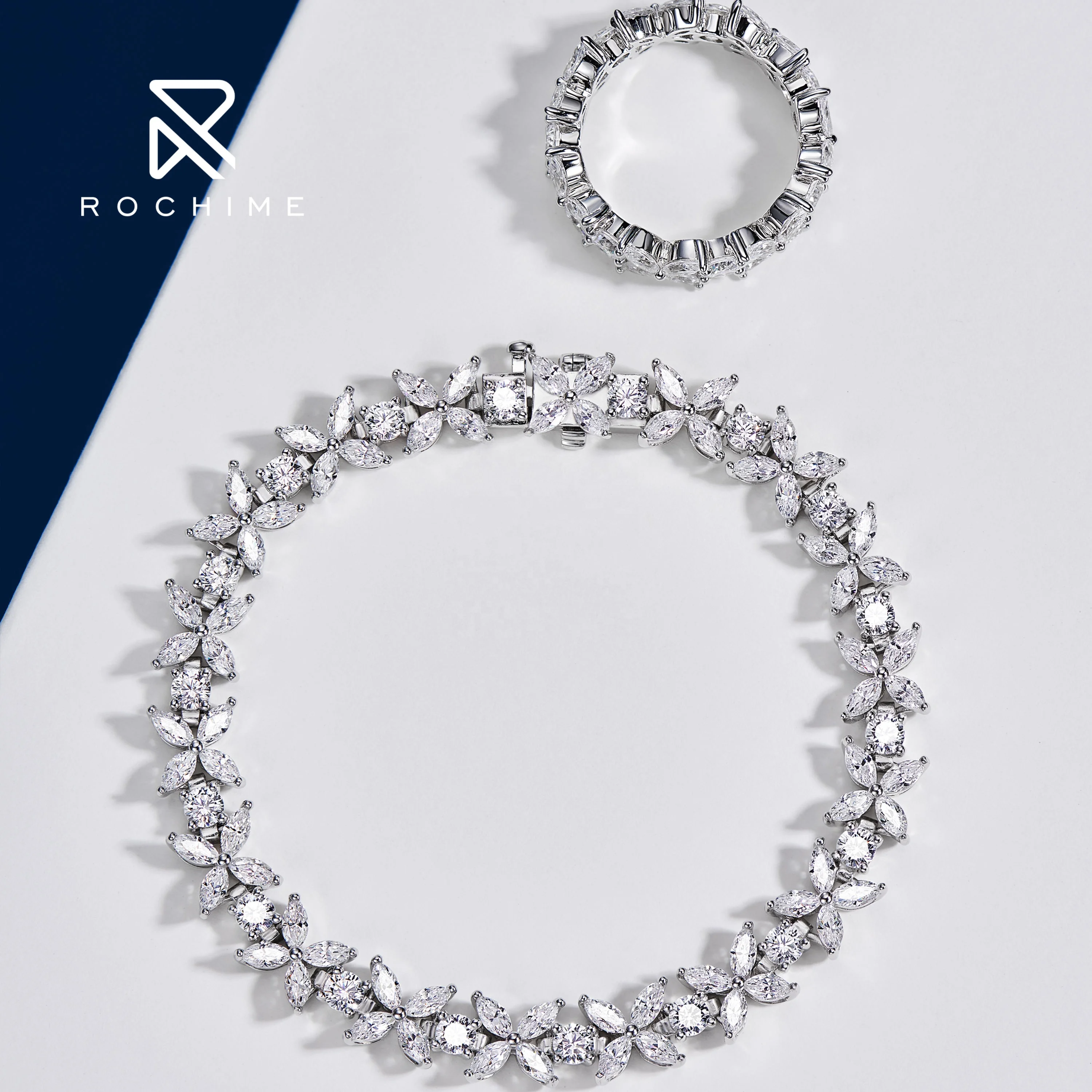 Rochime elegant  marquise cut CZ diamond bracelet  925 sterling silver white gold color jewelry