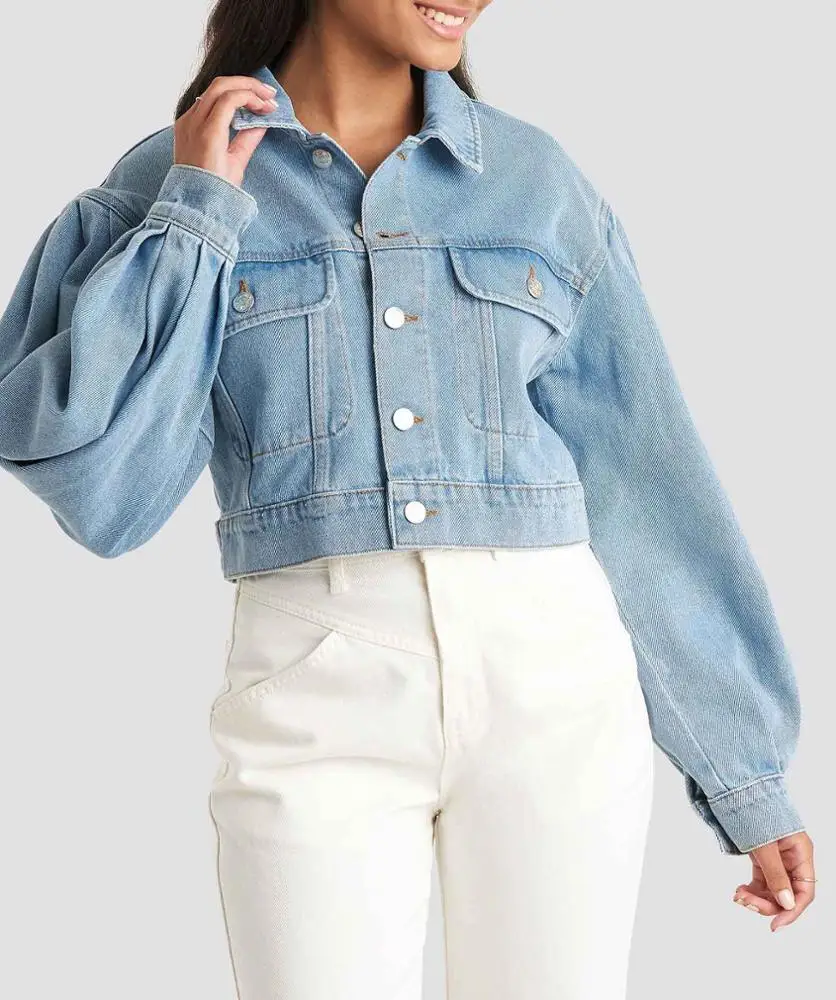 
Women custom long sleeve single-breasted short classics blue jeans jacket 