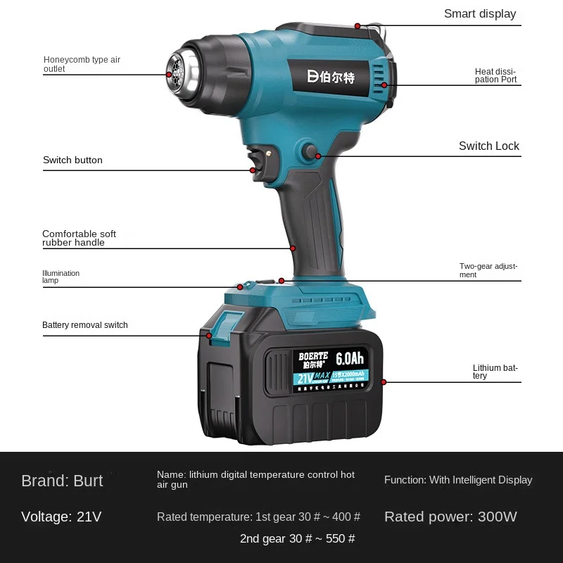 Burt Small Industrial Electronic Maintenance Hot Air Gun Lithium Battery Powered Digital Display Hot Air Machine Film Baking Gun