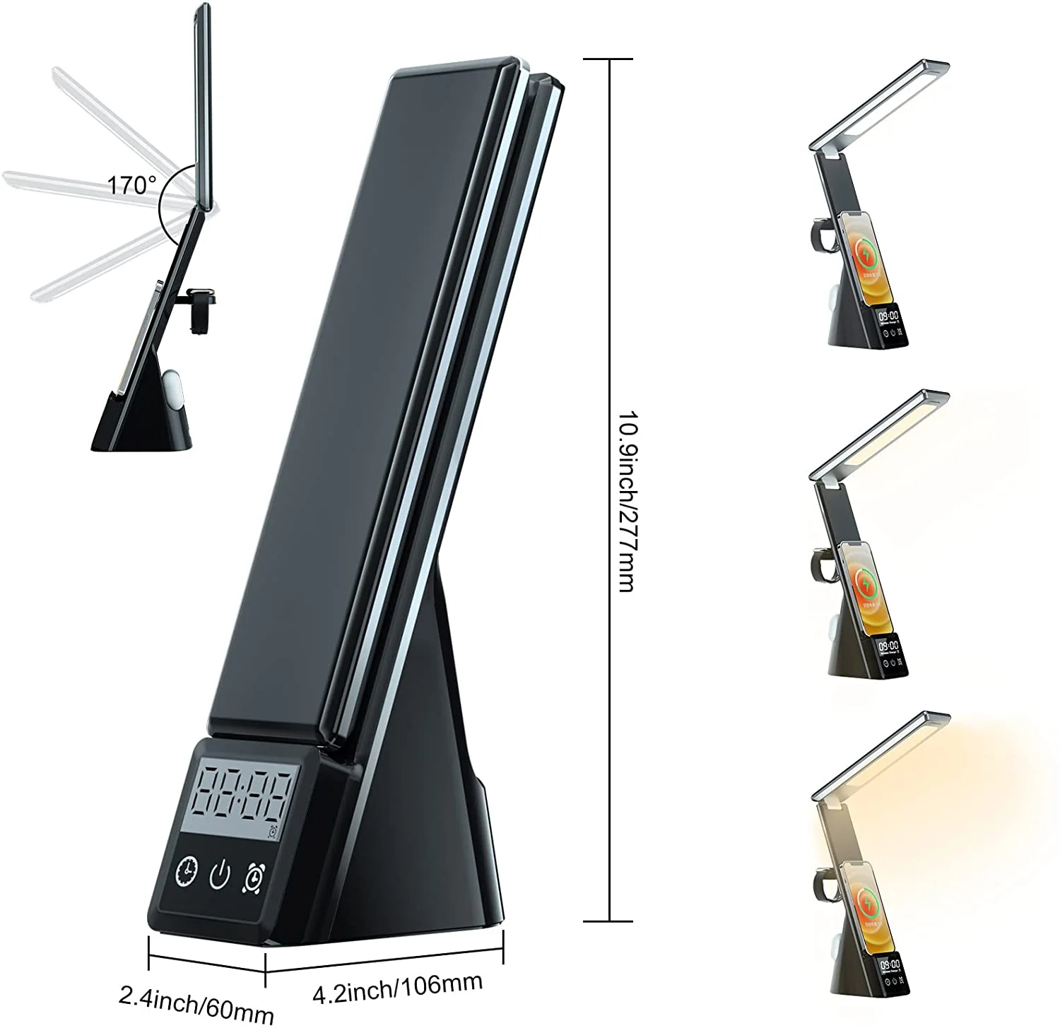 H33 Desk Lamp with Qi Wireless Charger,Digital Alarm Clock with 10W Qi Wireless Charging, Bedside Night Light For smartphones