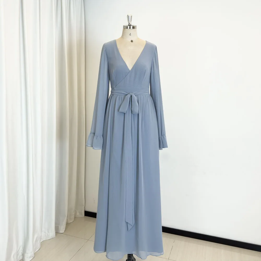 Элегантное шифоновое платье подружки невесты с длинными рукавами