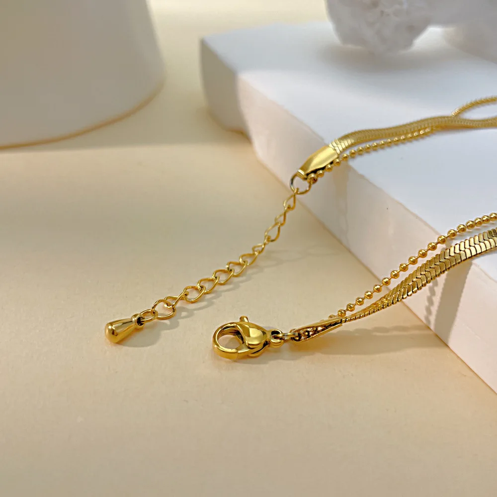 18K Real Gold Plated Layering Beaded Bracelets Blade Flat Snake Chain Stainless Steel Bracelet For Women Jewelry