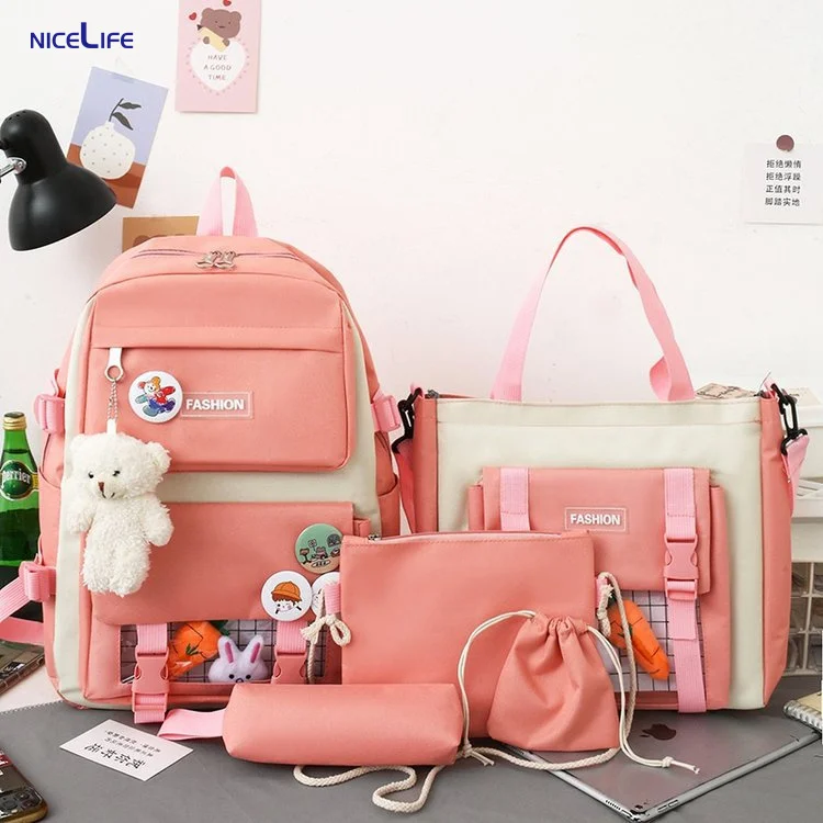 Hot Selling Unisex 5-Piece School Backpack Set Zipper Closure Rucksack Bag for Primary High School Teenagers