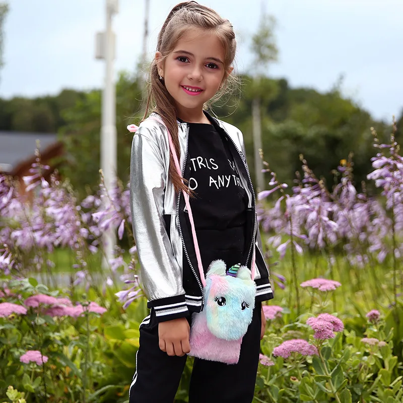2023 Cute Girls Coin Purse Mobile Phone Kids Baby Crossbody Bag Cartoon Unicorn Plush Shoulder Bag