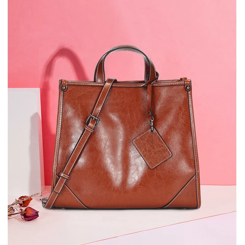 Factory Wholesale Luxury Genuine Leather Oil Wax Large Bags Ladies Purses China Handbag Manufacturer Women Tote Bags