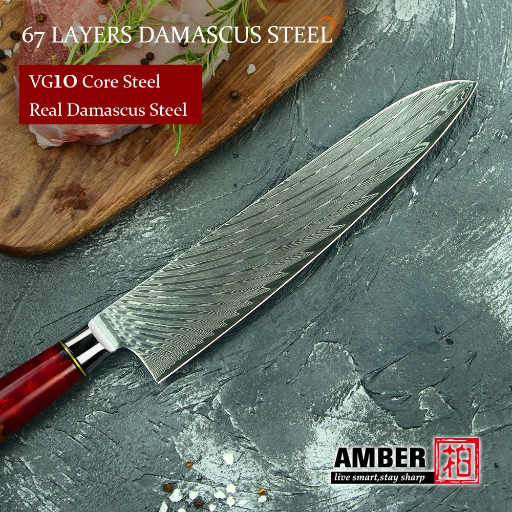 9 pcs 67 layers damascus steel kitchen knife set with Resin with Stabilized Wood Handle