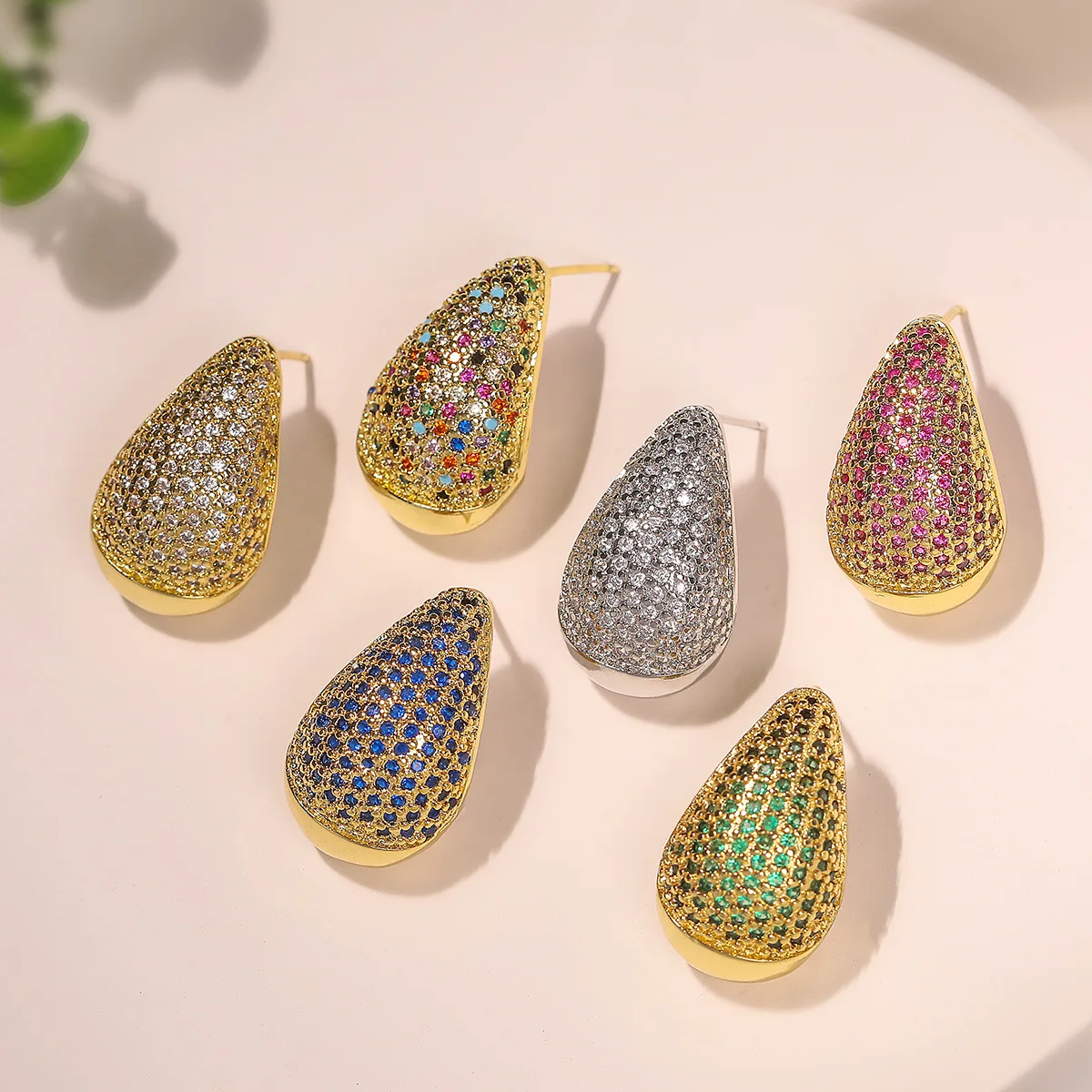 Fashion Copper 18K Gold-plated Cubic Zirconia Drop Earrings Colorful Crystal Zircon Water Drop Shape Stud Earrings