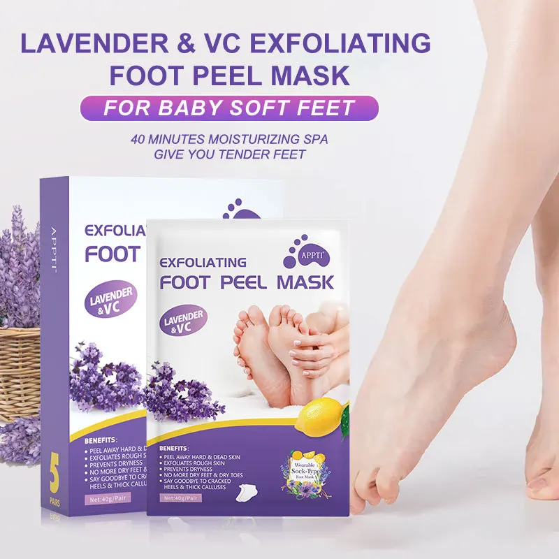 Private Label Exfoliating Foot Peel Mask Baby Soft Feet Skin Care Peeling Calluses Smooth Natural Lavender Foot Peel Mask