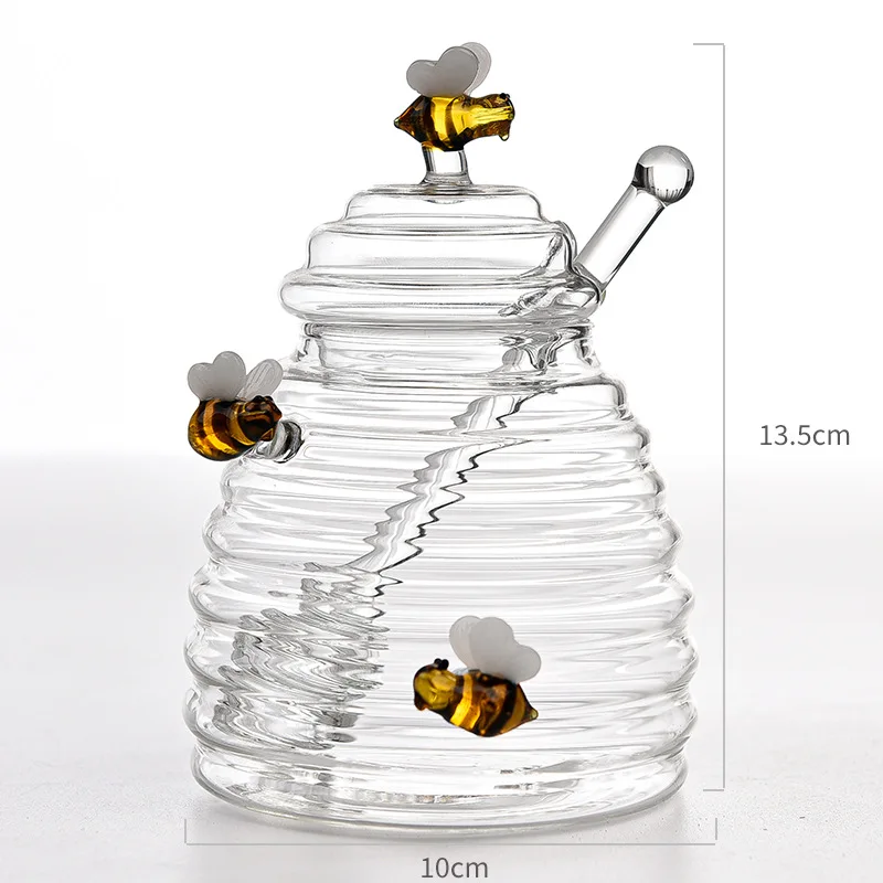 2022 New 3 honeybee Design clear Corrugated Glass Honey Pot Container Dispenser  HoneyJar with Dipper and Lid