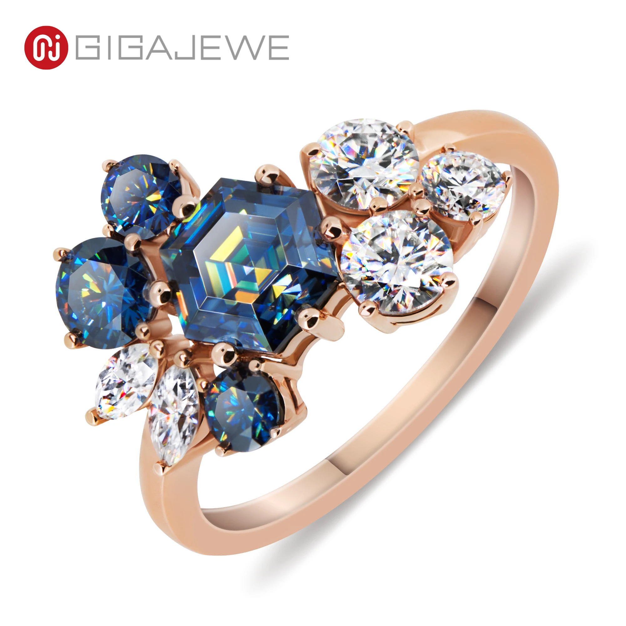 GIGAJEWE total2ct Vivid Blue color 6mm Hexagon Cut Ring Moissanite 9K/14K/18K Rose Gold  Moissanite Ring Customize Jewelry