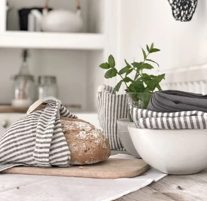 Custom Label Bread food storage bag European striped pure linen bundle pocket reusable linen bread bag with drawstring