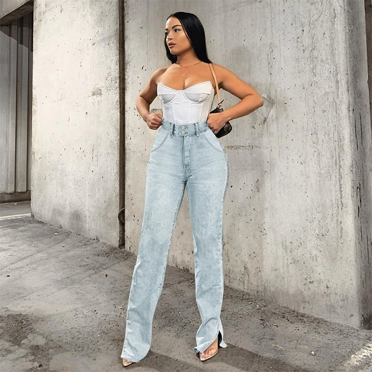 
Highwaist Jeans 2021 New Fashion Denim High Street Split Loose Straight Jeans Spring Trousers for Women ladies 