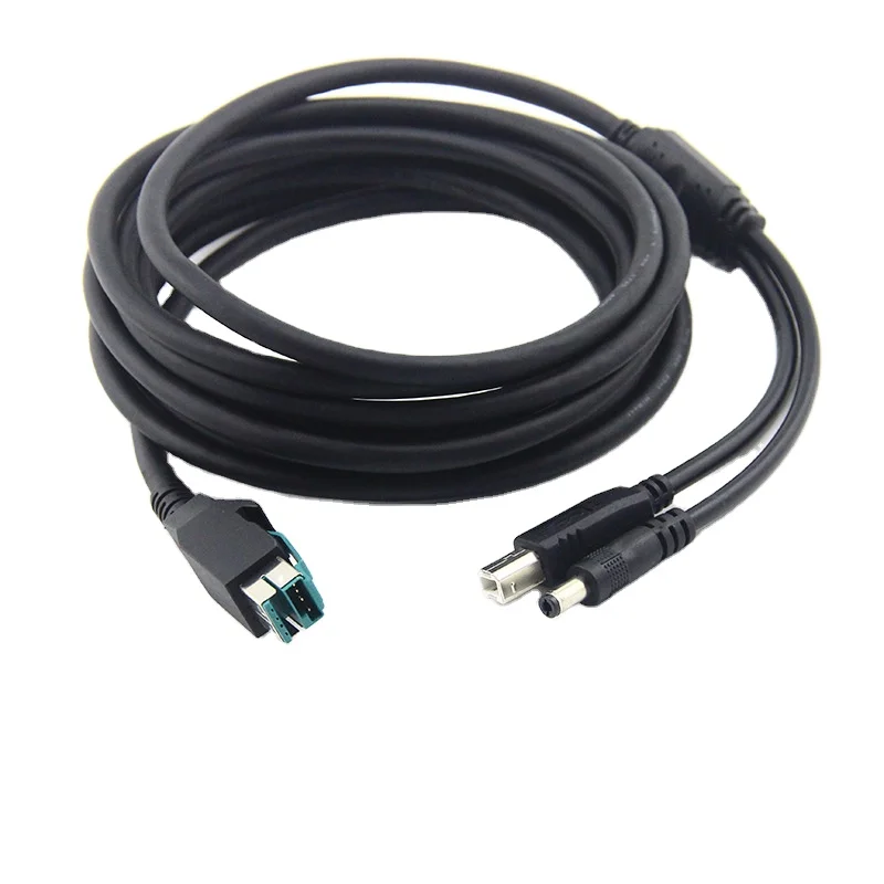 12V PoweredUSB to Hosiden + USB B male Power USB cable USB B+DC5.5x2.5 for pos terminal 1 in 2