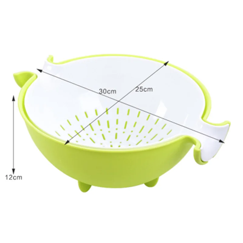Kitchen Supplies Two-Color Rotating Plastic Round Fruit Washing  double drain basket