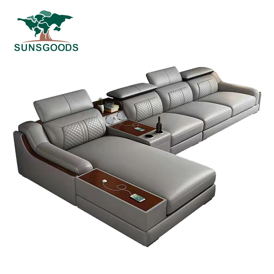 Modern Living Room Sofa Set Genuine Leather Sofas with USB Music Speaker