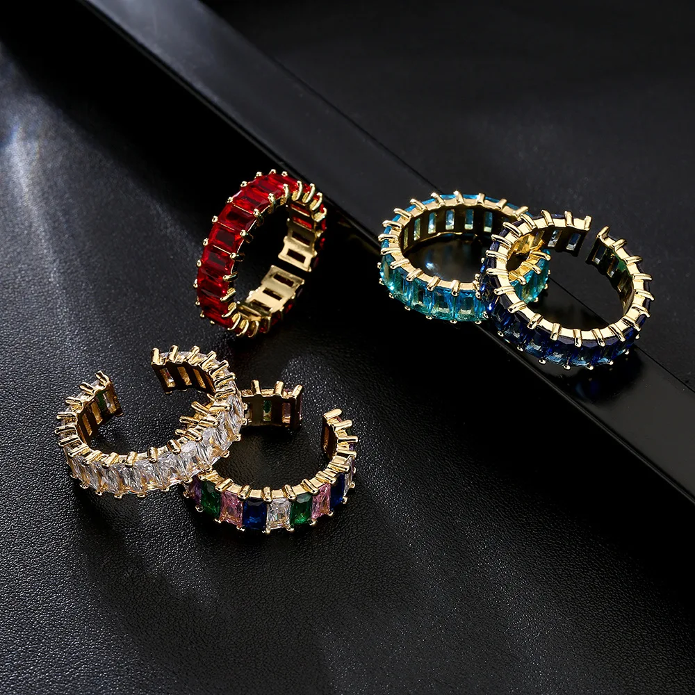 Fashion Eight Color Geometry Rainbow Engagement Ring Women Colorful c Zircon 18k Gold Plated Rings