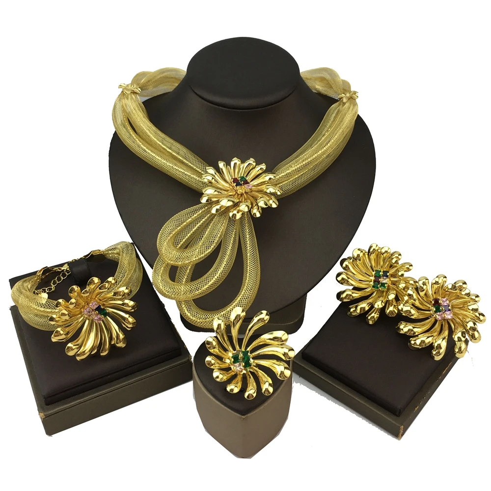 Yuminglai Newest Wholesale Flowers Inlaid With Colored Diamonds Fashion jewelry jewelry Sets  For Women Party FHK18372