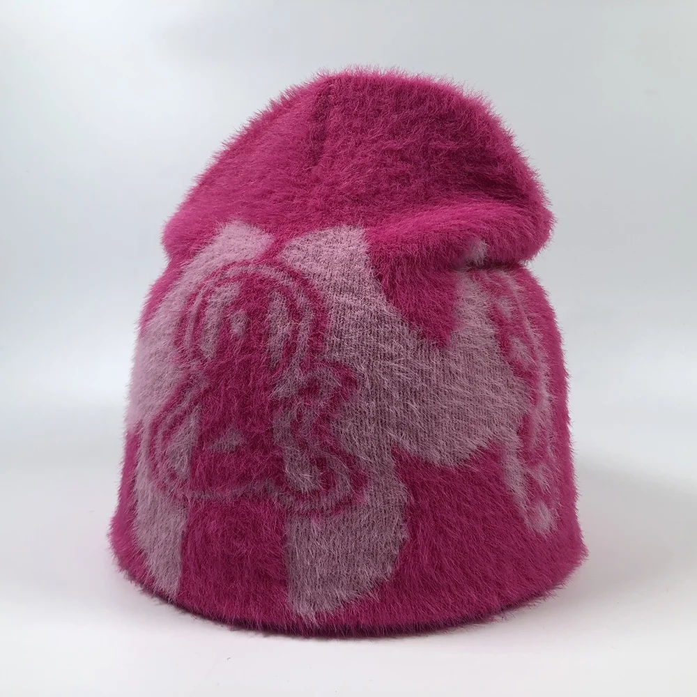 OEM popular premium unisex colorful unfold fur warm knit winter hats with jacquard design logo custom no cuff mohair beanie