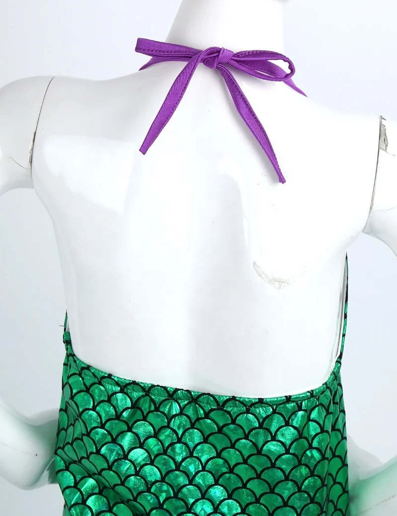 Kids Girls Adjustable Halter Glossy Fish Scales Printed Mermaid Dress Halloween Dress Up Cosplay Costume
