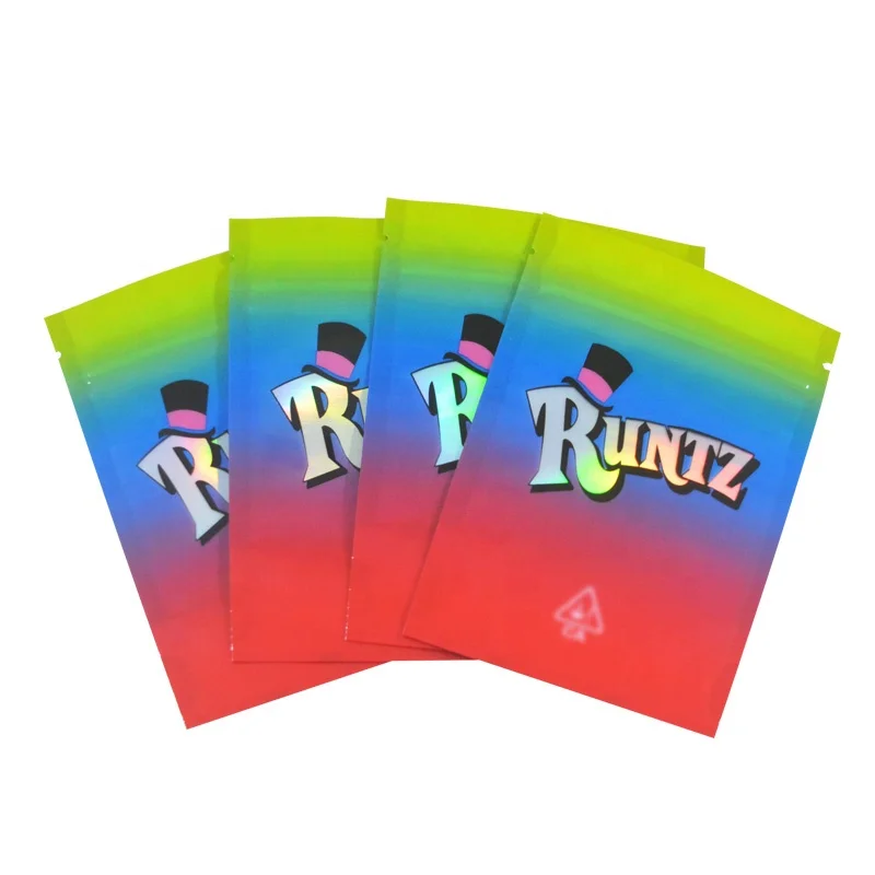 
100 PCS Laser Holographic Runtz Color Bag Stand Up Pouches Customized Printing CBD Candy Gummy Smell Proof Zipper 3.5g 28g Bags 