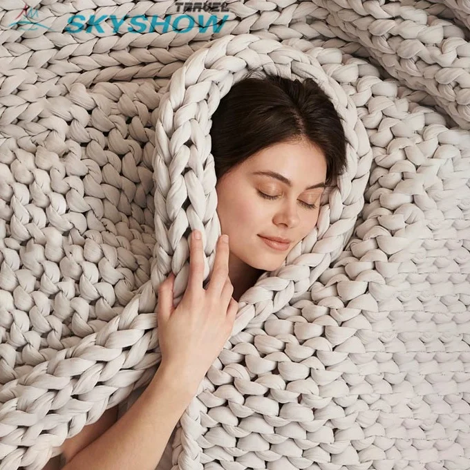 New Arrival wholesale travel coolmax highly breathable cotton super chunky throw wool knitted weighted blanket