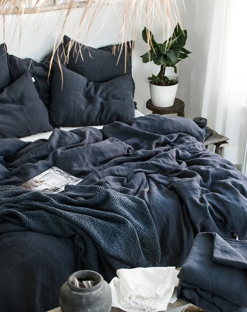 Graphite Blue Linen Bedding Set Duvet Cover & 2 Pillowcases King Queen Full Double Twin Single Anthracite Gray Blue Washed Soft