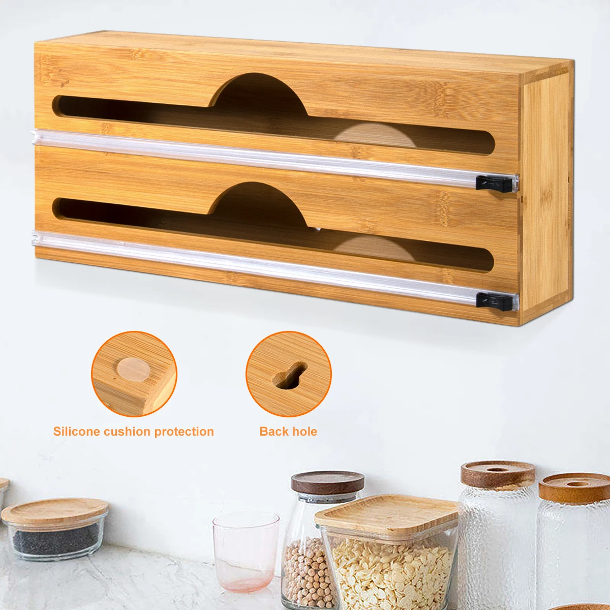 Wholesale Bamboo Aluminum Plastic Wrap Organizer and Tin Foil Dispenser with Cutter and Roller Foil