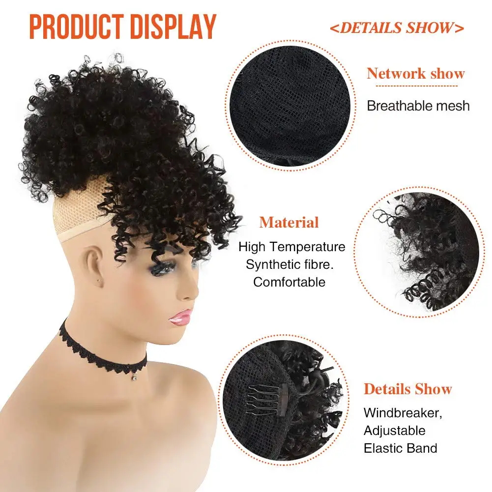 Curly Ponytail Wigs for Black Women Hair Balls for Girls Hair Clip in Bangs Afro High Puff Bun Hair Pieces for Women Synthetic