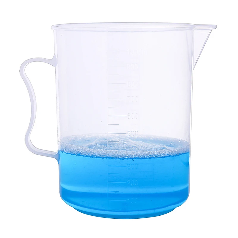 Transparent plastic laboratory science measuring cup beaker with handle