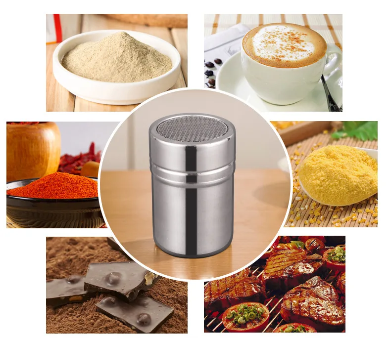 Powdered Sugar Shaker Duster Cinnamon Shaker Flour Sifter 7oz Stainless Steel Fine Mesh Dredges Shakers bottle