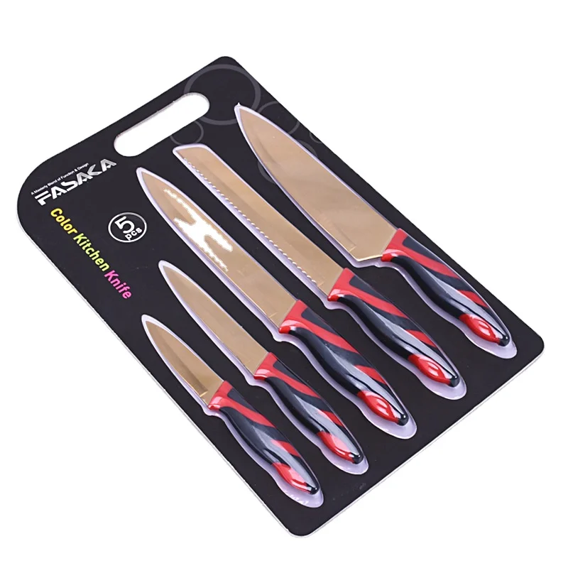 Gold Plated PP and TPR Soft Touch Handle 5pcs Cutlery Kitchen Knife Set Titanium Knife With Blister Card Packing