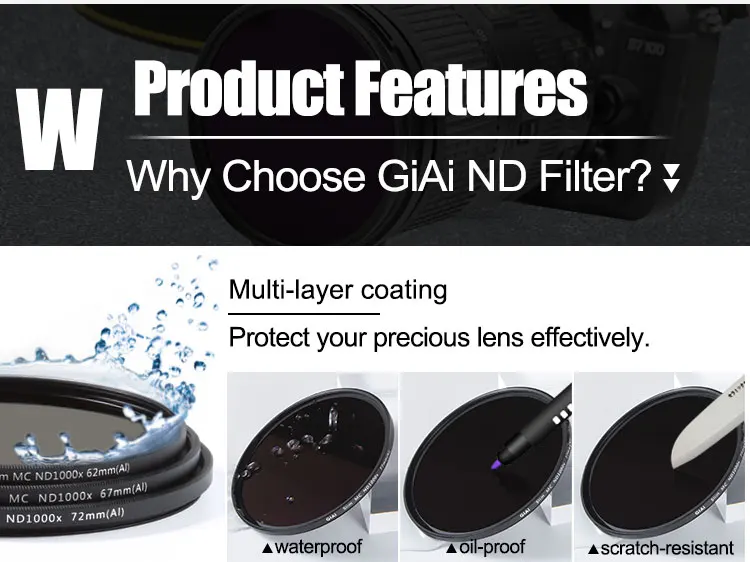 GiAi MRC ND1000 52/58/62/67/72/77/82mm Camera ND Filter Lens Ultra Thin UHD Glass Neutral Density Filter for Nikon Sony Canon